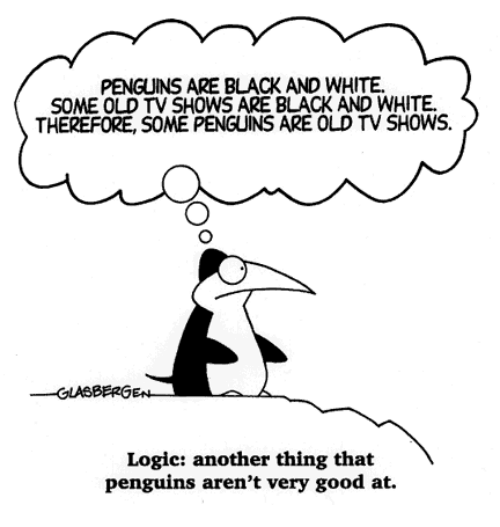 Un pingouin s'essayant à la logique. Source : https://www.pinterest.com/pin/465418942711158498/.